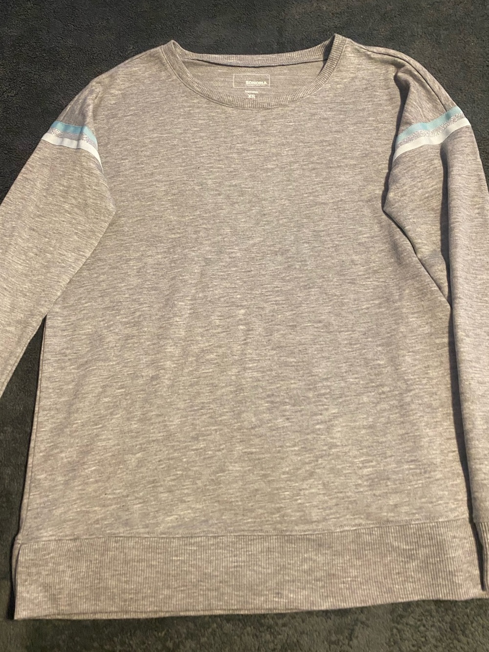 Sonoma Heather Gray Crewneck Sweater with Mint & White Shoulder Stripes